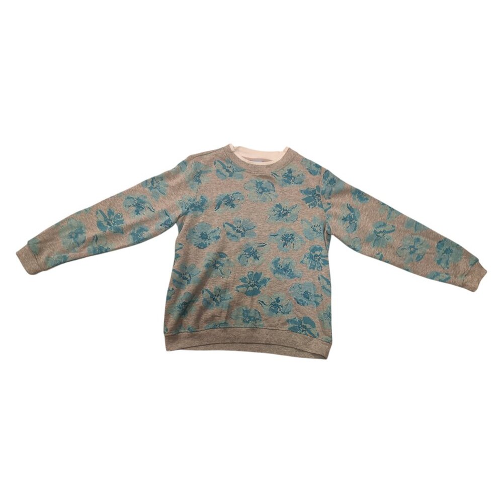 Comfort Corner Grey with Blue Floral Sweatshirt White Fake Collar Size Medium